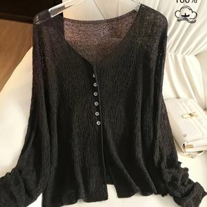 TEMU 세련된 가벼운 V넥 가디건 - 시스루 여름 긴팔 숄, 봄/여름/가을에 적합, 여성 캐주얼 섹시 스타일, 봄 아우터 | 우아한 앞면 오픈 | 광택 있는 원단
