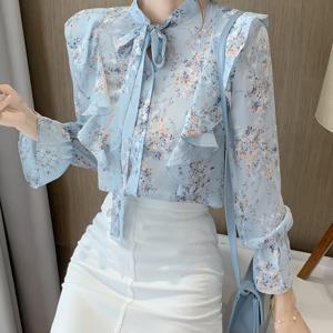 TEMU 조절 가능한 허리끈 & 러플 소매 디테일이 있는 여성용 우아한 긴팔 블라우스 - 비침 없는 꽃무늬 셔츠, 사계절 내내 착용 가능한 캐주얼 및 정장용, 넥 디자인, 가벼운 원단, 사무실 복장용