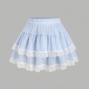 TEMU 새로운 패션 우아한 체크 무늬 탄성 허리 다층 레이스 패치워크 여성용 숏 스커트