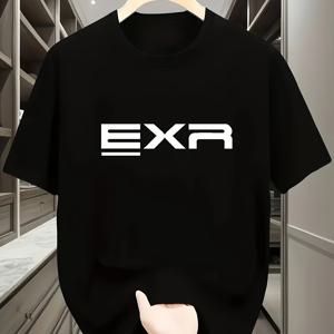 TEMU 남성 EXR 로고 캐주얼 티셔츠 - 남색, 반팔, 크루 넥, 스트레치 소재, 주말 캐주얼, 캐주얼 웨어 티 | 로고 셔츠 | 편안한 핏