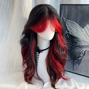 TEMU 모든 분들에게 어울리는 데일리 가발, 블랙 & 레드, 중대형 웨이브 염색, 긴 머리, 패셔너블하고 우아한 파티용 유니버설 할로윈 가발
