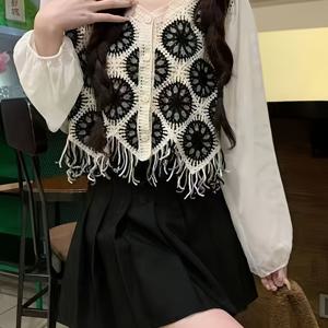 TEMU 자수 크로셰 장식 시폰 가디건, 긴 소매, 짧은 패치워크 홀아웃 탑