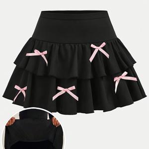 TEMU 10대 여학생 가을/겨울 캐주얼 패션 블랙 하이웨이스트 이중 레이어 러플 스커트, 2중 레이어 러플 구조, 데일리 외출, 데이트, 캠퍼스룩에 적합, 선물용으로 최고, 십대용