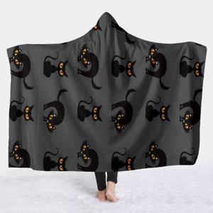 TEMU 1개 고양이 패턴 배경 디자인 후드 담요 - 따뜻한 담요, 야외 캠핑 담요 - 편안하고 부드러운 플란넬 후드 담요, 남녀공용 / 사계절용 - 집, 야외, 크리스마스/할로윈 파티 선물에 적합