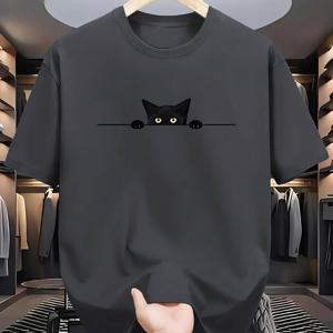 TEMU 귀엽고 신비롭습니다! 검은 고양이 엿보기 패턴 티셔츠 - 남성용 캐주얼 티셔츠, 통기성 좋은 폴리에스터 섬유, 라운드넥, 반팔 - 봄/여름 스트리트웨어 및 휴가철 편안함에 적합