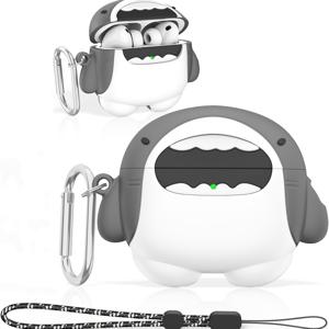 TEMU Airpods Pro 3 (2025)용 귀여운 보호 케이스, 부드러운 실리콘 소재, 충격 방지 기능, 3D 만화 디자인 (상어) 특징, 끈 포함