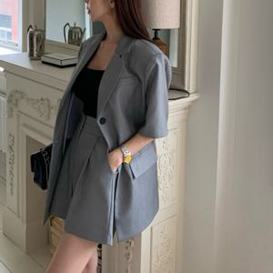 TEMU 봄, 여름, 가을 신상 프렌치 레트로 싱글 버튼 반팔 정장 + 와이드 레그 반바지 정장
