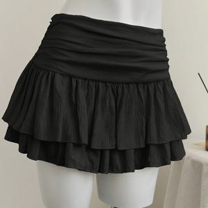 TEMU 블랙 더블 레이어 쉬폰 플리츠 미니 스커트 | 레귤러 핏, 우아한 단색, 플리츠 밑단, 바캉스 스타일