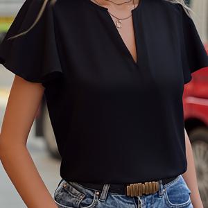 TEMU 캐주얼 커뮤터 여성용 여름 웨어 화이트 V넥 러플 반팔 루즈 셔츠, 교사용 셔츠, 직장 여성용 셔츠, 반팔 탑