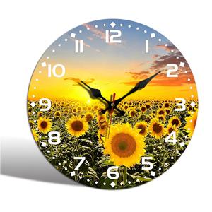 TEMU 1개 원형 시계, 해바라기밭 장식 시계, 시골 풍경 스타일 벽걸이 시계, 무소음 쿼츠 원형 나무 시계, 침실 거실 사무실 주방 욕실에 적합, 배터리 작동 (배터리 미포함)
