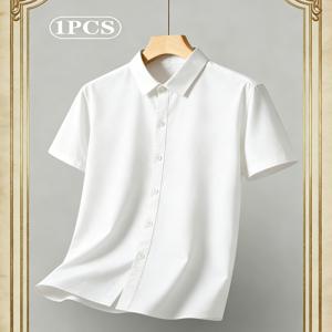 TEMU 남성용 엘레강스 블랙 반팔 버튼다운 셔츠 - 캐주얼 및 정장용으로 적합한 경량 폴리에스터 칼라 셔츠, 사무실, 비즈니스, 일상적인 전문가용 복장을 위한 기계 세탁 가능한 단색 버튼업 블라우스 상의