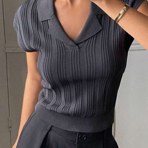 TEMU 빈티지 폴로 칼라 골지 반팔 탑, 크롭 V넥, 슬림핏 & 강조, 우아한 출퇴근룩 올매치, 프렌치 젠틀 니트웨어, 여름 Y2K 바디콘 베이스 셔츠