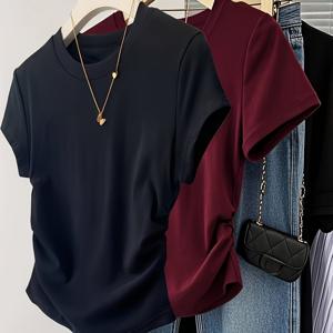 TEMU 여성용 2pcs 라운드 넥 캐주얼 반팔 티셔츠, 러플 허리 슬림핏 디자인, 스타일리시 통근용 상의, 활용도 높은 여성 티셔츠