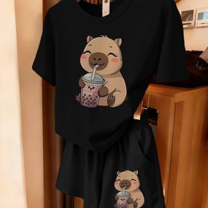 TEMU 2피스 여성용 봄여름 반팔 & 반바지 세트 - 카피바라 프린트 파자마, 운동복, 잠옷, 부드럽고 통기성 좋은 파자마, 발렌타인데이 선물, 세탁기 세척 가능한 2피스 세트