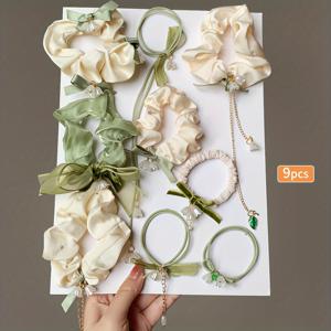 TEMU 9pcs 여성용 백합 꽃 머리끈 힘줄 여성용 헤어 타이 고가의 헤어 로프 헤드기어 번 헤드 대장성 헤어 링 여성의 기질 헤어 링 슈퍼 밸류 세트