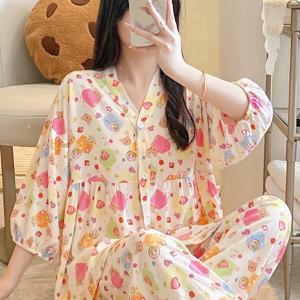 TEMU 귀여운 만화 여성용 파자마, 7/8 소매와 발목 기장 바지, 가벼운 여름 에어컨 옷, 봄/가을 가디건 세트