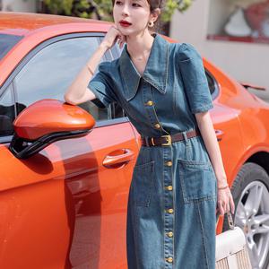 TEMU 여성용 유럽풍 레트로 라펠 데님 드레스, 2026 여름 신상 패션, 슬림 허리, 슬림한 인상, 롱 스커트