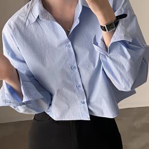 TEMU 여성용 뒷슬릿 루즈핏 라펠 카라 반팔 롱셔츠