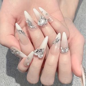 TEMU 핸드메이드 밀키 화이트 그라데이션 하트 라인스톤 프레스온 네일, 10pcs, 탈부착 가능 및 재사용 가능