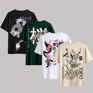 TEMU 남성용 4pcs 도쿄 드래곤 시리즈 프린트 라운드넥 반팔 티셔츠, 여름철 야외 활동에 적합한 캐주얼하고 편안한 상의