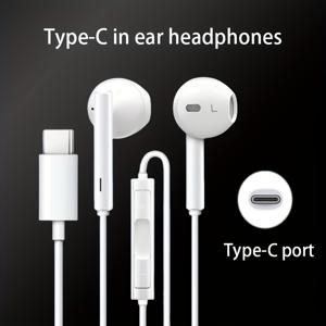 TEMU Type-C 유선 이어폰 마이크 및 볼륨 조절 기능, HiFi 스테레오 사운드 지원 - 아이폰 16/15, 갤럭시 S23/S22/S21/Ultra 노트 10/20, 아이패드 프로, 픽셀 7/6/6a/5/4+ 호환