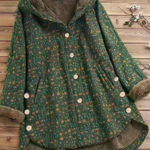 TEMU 가을 겨울 신상 스타일 에스닉 레트로 스몰 플로럴 플리스 후드 싱글 라인 버튼 불규칙 여성 코트