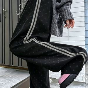 TEMU 블랙 폴카 도트 다용도 하이웨이스트 레그 캐주얼 팬츠, 가을/겨울 트렌디 폴카 도트 하이웨이스트 와이드 레그 팬츠 스트리트 패션 캐주얼 레그 여성용 팬츠