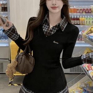 TEMU 대학생 스타일 웨어 페이크 투피스 폴로 칼라 긴팔 드레스 우아한 분위기 허리 슬림 패치워크 플리츠 스커트