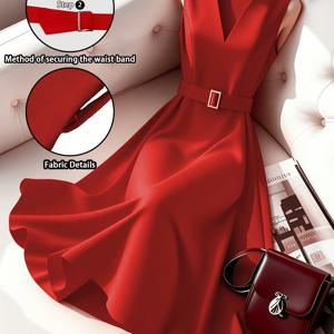 TEMU 여성 드레스, 여름 V넥 민소매 드레스 (개성), 핏팅 허리, 슬림핏, 넓은 플레어, 벨트 포함 미디 기장 드레스