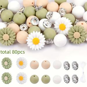 TEMU 80개 실리콘 다이즈리 & 비즈 세트 - 12mm 원형 실리콘 비즈, 라인스톤 스페이서 및 나일론 줄로 보석 만들기, DIY 비즈 키체인, 팔찌, 목걸이 및 홈 데코 액세서리