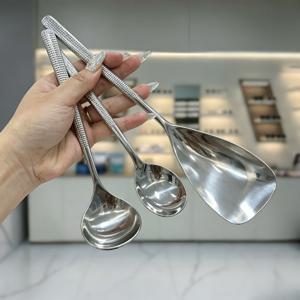 TEMU 3개/세트 두꺼운 스테인리스 스틸 서빙 스푼 세트 - 해머링 & 산록 패턴 - 미끄럼 방지 라이트 럭셔리 수프 스푼, 소형 스푼 & 원형 스푼 (가정 & 주방용)
