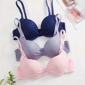 TEMU 3개입 포장, 레이스 투명, 앞면 센터 리본, 쉐이프 컵, 우아한 집게 브라