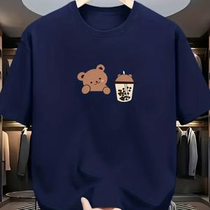 TEMU 캐주얼 반팔 티셔츠 - 곰 & 버블밀크티 프린트, 라운드넥 여름용 편안한 상의, 귀여운 곰 & 버블티 디자인, 캐주얼 복장, 세탁기 사용 가능, 랜덤 매칭 패턴