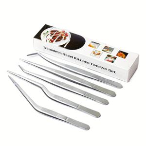 TEMU 요리용 집게 5개 세트, 주방용 스테인리스 스틸 핀셋, 전기도금, 장식, 푸드 디자인용 셰프 정밀 플라이어, 바비큐 집게, 바 및 다용도 사용