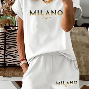 TEMU MILANO 골든 레터 프린트 멀티 컬러 반팔 티셔츠와 반바지 2피스 세트, 라이트 럭셔리 어반 스타일 캐주얼 의상, 편안한 여성 패션 의류 - 부드럽고 통기성 좋으며 세탁기 사용 가능, 데일리웨어용