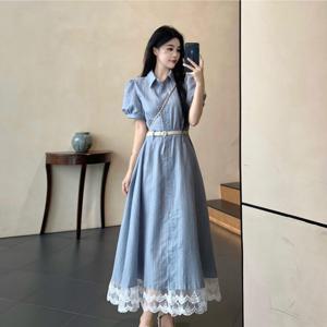 TEMU 여성 셔츠원피스 밑단 레이스 카라넥 퍼프소매 반팔 롱원피스 A라인 체형커버 날씬해보이는 페미닌 프렌치룩 하객룩 데이트룩 출근룩 소라색