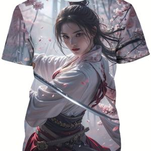 TEMU 남성용 일본 여전사 & 벚꽃 티셔츠 - 반팔 크루넥 여름 스트리트웨어 상의, 약간의 신축성 있는 핏, 캐주얼용, 기계 세탁 가능한 일본 미학 셔츠