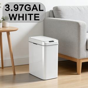 TEMU 3.97GAL, 모션 센서가 있는 좁은 비접촉식 , 빠른 응답, 저소음 닫힘, 블랙/화이트 색상으로 제공. AA 배터리 2개로 시작 (미포함). 욕실, 주방, 거실, 침실 및 기타 시나리오에 적합