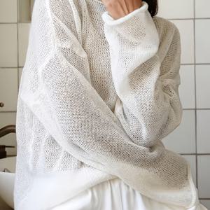 TEMU 봄/가을 레드 할로우 아웃 시스루 셔츠, 신상 여름 여성 탑, 루즈핏 얇은 원넥 트럼펫 슬리브 풀오버 셔츠, 자외선 차단 스웨터