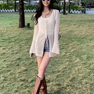 TEMU 프린지 디테일이 있는 우아한 V넥 크로셰 가디건 - 긴 소매, 루즈핏, 여성용 비치 커버업, 화이트 폴리에스터 탑, 봄과 여름에 적합