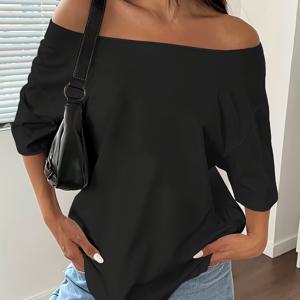 TEMU 여성용 심플 단색 깔끔한 핏의 루즈핏 원숄더 티셔츠, 봄/여름용, 데일리 편안한 활용도 높은 캐주얼 스포티한 반팔 상의