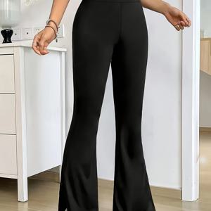 TEMU 여성용 블랙 슬림핏 플레어 팬츠 - 슬릿 밑단 디테일 - 패셔너블한 컴포트 스트레치 허리 - 트렌드와 스타일 애호가를 위한