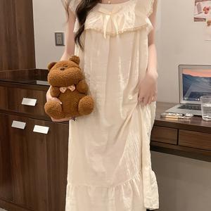 TEMU 벨트 고정형 가슴 패드 나이트드레스 프렌치 레이스 레이스 리본 슬링 나이트드레스 여름용 얇고 편안한 미디 기장 나이트드레스 가정복