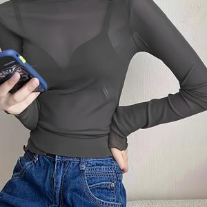 TEMU 우아한 시스루 메쉬 터틀넥 탑 - 긴 소매, 신축성 있는 핏, 단색, 세탁기 사용 가능 - 여성 패션