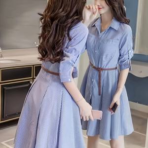 TEMU 새로운 프렌치 스타일 여성용 블루 셔츠 원피스, 허리 조임 벨트 포함 A라인 숏 스커트
