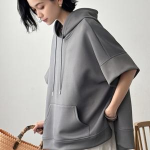 TEMU 여성용 우아한 루즈핏 디자인 반팔 포켓 회색 후드 스웨트셔츠, 슬릿 헴 캐주얼 탑, 여성 패션 스웨트셔츠