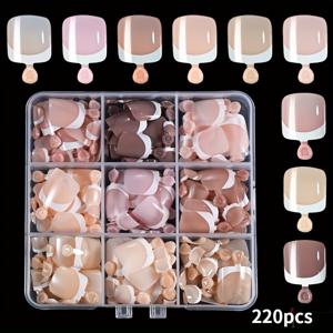 TEMU 220개 화이트 프렌치 프레스 스타일 인조 발톱 - 글로시 베어 컬러 숏 스퀘어 네일 패치 - 완벽하게 덮는 여름 여성용 인조 네일, 간편하고 쉬운 설치로 고급스러운 발톱을 연출, 오래 지속되고