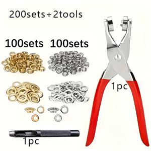 TEMU 202개입 고강도 아일렛 공구 세트, 아일렛 100개 + 와셔 100개 + 금속 플라이어 1개 + 홀 펀치 1개 포함 - 스테인리스 스틸 수동 공예 키트, 인조 가죽, 캔버스에 적합