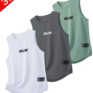 TEMU 남성용 스포츠 탱크탑 3개 세트 - 헬스장, 달리기, 농구용 속건성 통기성 민소매 탑, RUN 레터링 프린트, 운동복, 블랙, 화이트, 다크 그레이, 그린 및 여러 색상 선택 가능