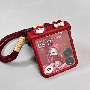 TEMU 폰케이스: 중앙 축 힌지 스테레오 걸 보우 버건디 랜야드 폰케이스 - Z Flip 7, Z Flip 7FE, Z Flip 6, Z Flip 5, Z Flip 4, Z Flip 3 호환